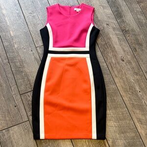 Calvin Klein Colorblock Midi Dress in Pink, Orange, and Black